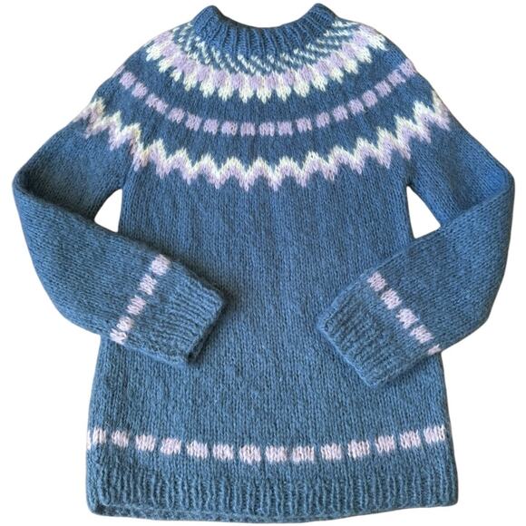 Vintage Handknit Fair Isle Wool Sweater Blue Lavender Cream Nordic Yoke medium - Picture 1 of 11